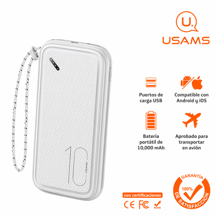 Power Bank 10000mAh USAMS 2 USB Portátil Blanco con Correa