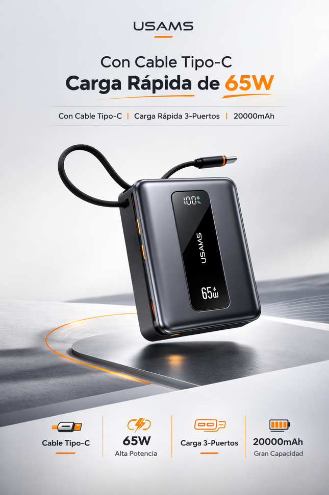 Power Bank 20000mAh 65W USB-C LCD USAMS CD243 Gris