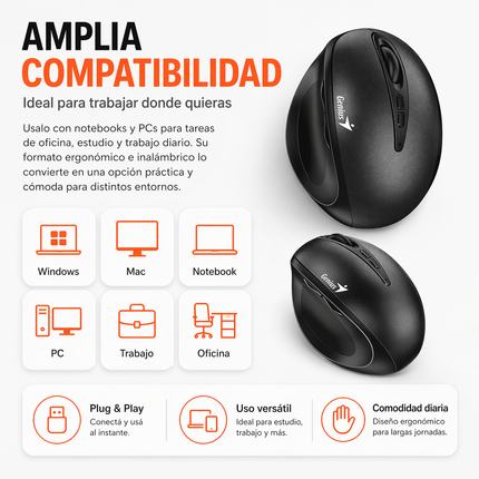 Mouse Vertical Inalámbrico Ergonómico Silencioso DPI Ajustable