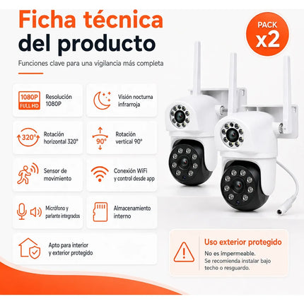 Combo x2 Cámaras de Seguridad WiFi 1080P con Visión Nocturna y Movimiento