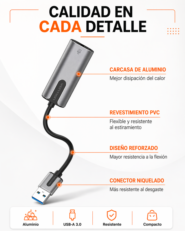 Adaptador USB 3.0 a Ethernet Gigabit Vention 1000Mbps CEWHB