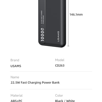 Power Bank 10000mAh USAMS 22.5W Carga Rápida Display USB-C
