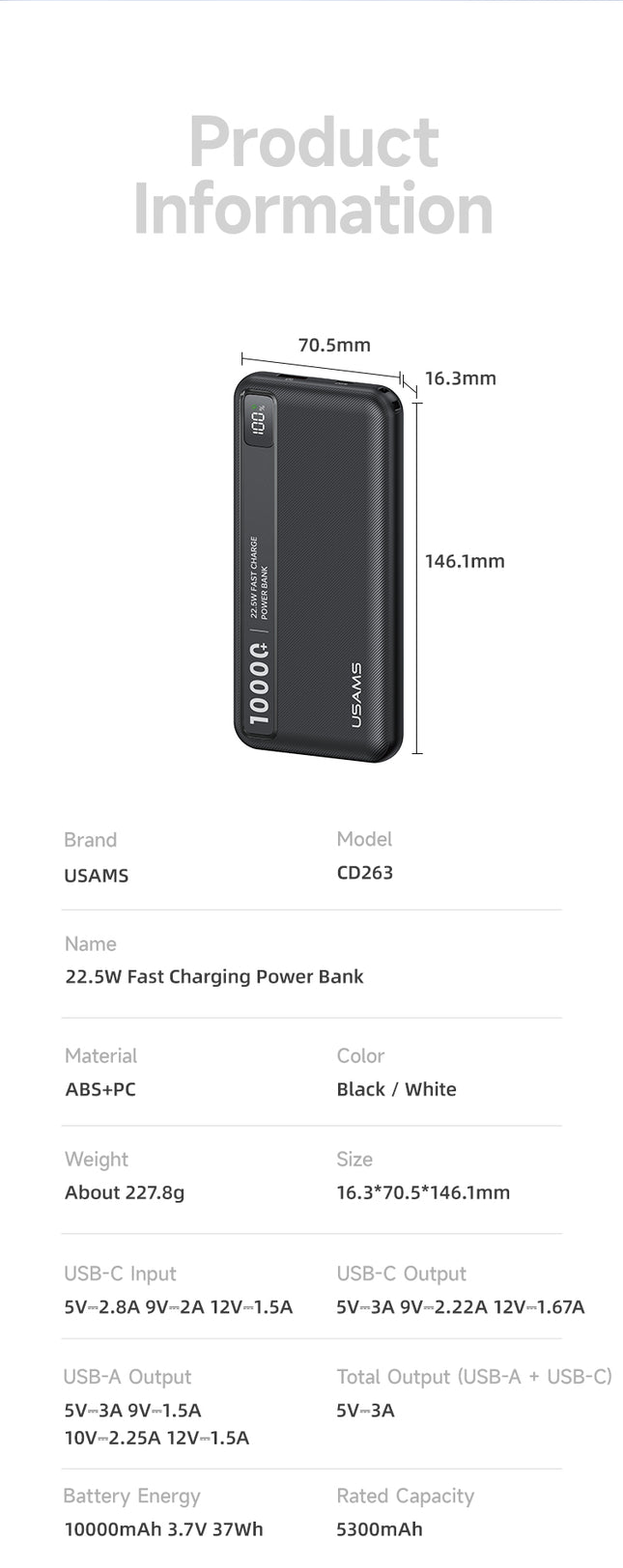 Power Bank 10000mAh USAMS 22.5W Carga Rápida Display USB-C
