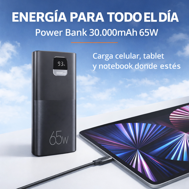 Power Bank 30.000mAh 65W Carga Rápida PD USB-C Notebook