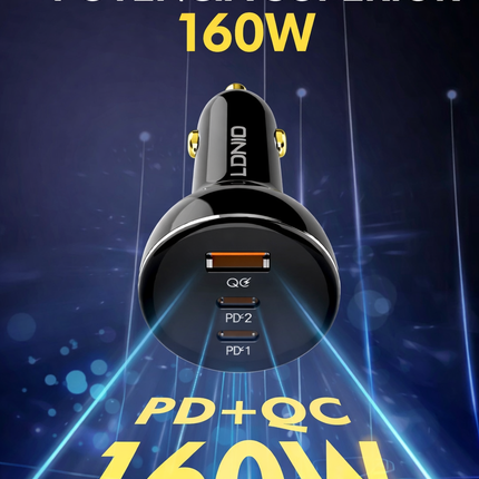 Cargador Auto 160W LDNIO 3 En 1 USB-C PD 100W Carga Rápida