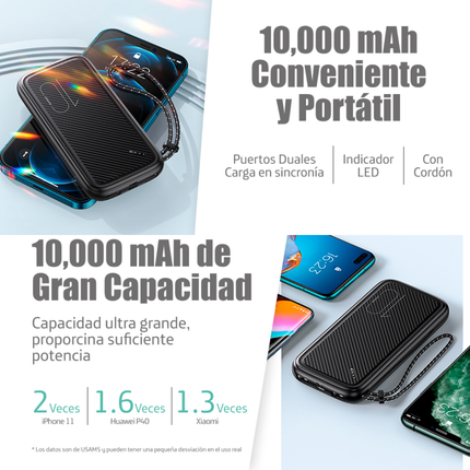 Power Bank 10000mAh USAMS 2 USB Portátil Blanco con Correa