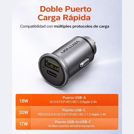 Cargador de Auto USB-A + USB-C Vention 20W / 18W – Carga Rápida Dual