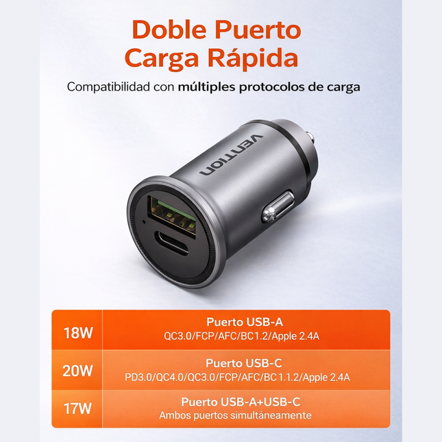 Cargador de Auto USB-A + USB-C Vention 20W / 18W – Carga Rápida Dual