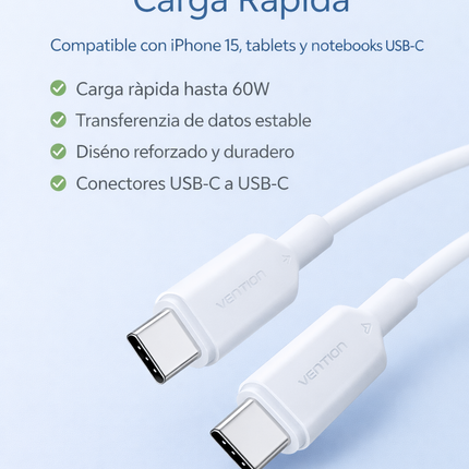 Cable USB-C a USB-C PD 60W Vention Carga Rápida Blanco