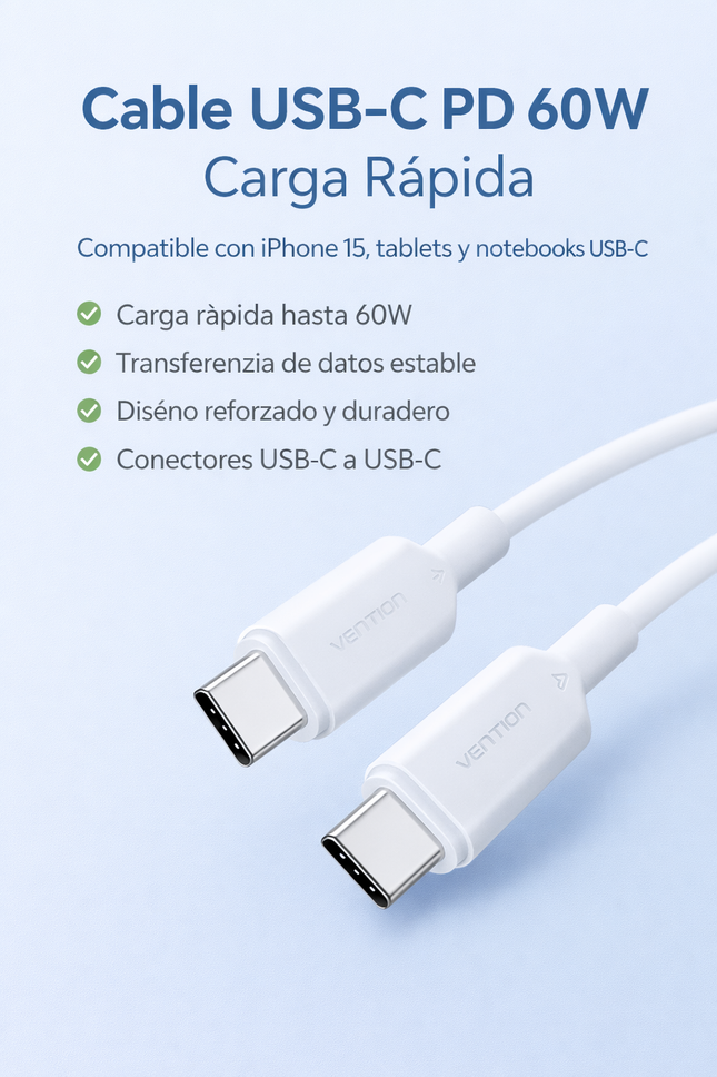 Cable USB-C a USB-C PD 60W Vention Carga Rápida Blanco