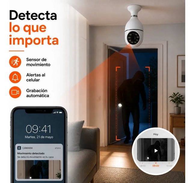 Cámara de Seguridad WiFi Tipo Lamparita 1080P con Visión Nocturna