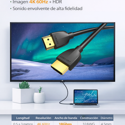 Cable HDMI 2.0 4K 1 Metro Vention Negro Alta Velocidad
