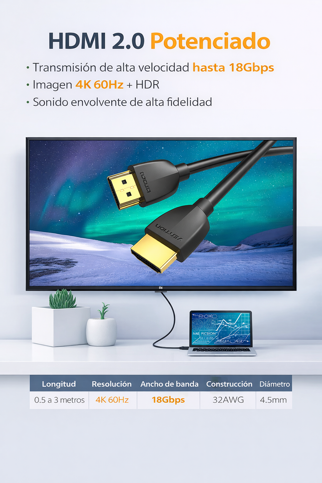 Cable HDMI 2.0 4K 1 Metro Vention Negro Alta Velocidad