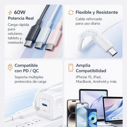 Cable USB-C a USB-C 60W Carga Rápida 3A 2m Vention Negro