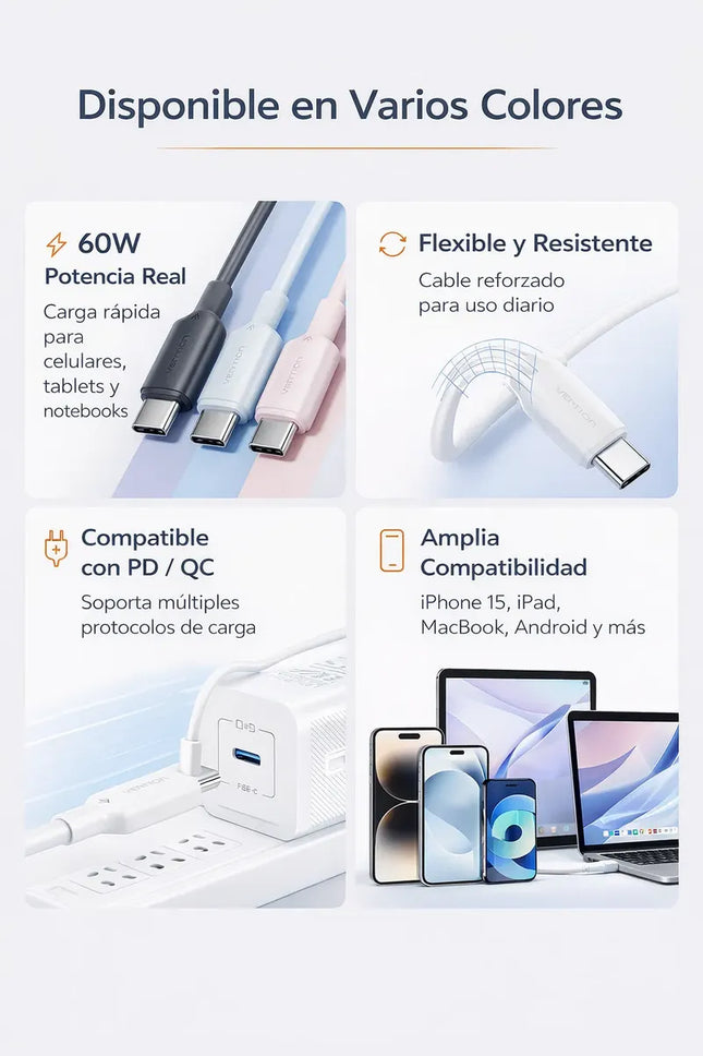 Cable USB-C a USB-C 60W Carga Rápida 3A 2m Vention Negro