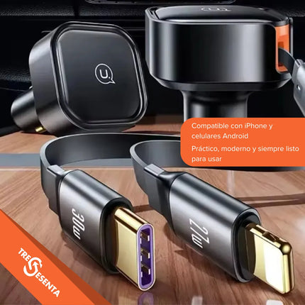 Cargador de Auto Retráctil 33W USB-C + USB-A | Carga Rápida Inteligente