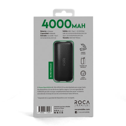 Power Bank Mini 4000mAh PD 22.5W Roca LCD Carga Rápida