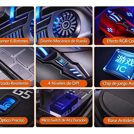 Mouse Gamer RGB 3200 DPI con 6 Botones y Cable Trenzado