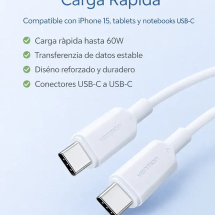 Cable USB-C a USB-C 60W Carga Rápida 3A 2m Vention Negro