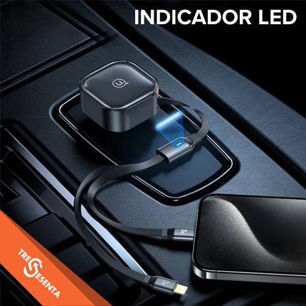 Cargador de Auto Retráctil 33W USB-C + USB-A | Carga Rápida Inteligente