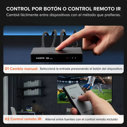 Switch HDMI 3 en 1 8K 60Hz Vention AKRH0 con Control Remoto
