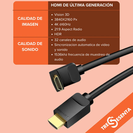 Cable HDMI 2.0 4K 60Hz Ángulo Recto 270° 1.5m Vention