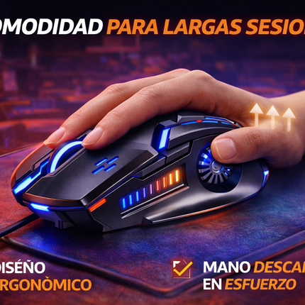 Mouse Gamer RGB 3200 DPI USB 6 Botones Ergonómico