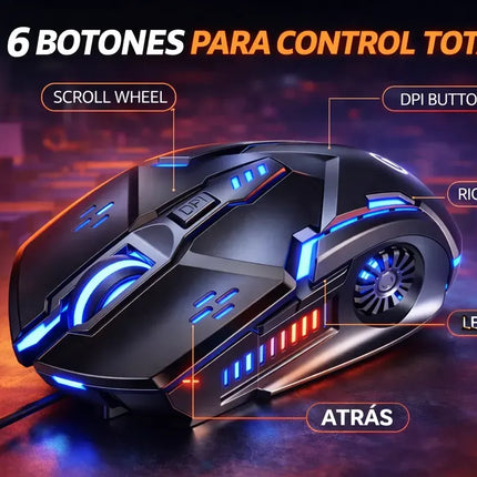 Mouse Gamer RGB 3200 DPI con 6 Botones y Cable Trenzado