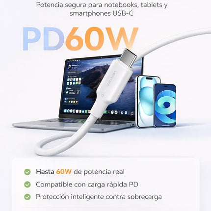 Cable USB-C a USB-C 60W Carga Rápida 3A 2m Vention Negro