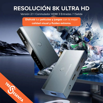 Switch HDMI 3 en 1 8K 60Hz Vention AKRH0 con Control Remoto