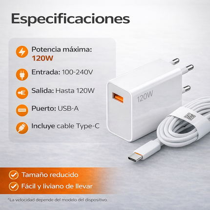 Cargador Xiaomi TURBO FASTER 120W - Cable USB C y Ficha