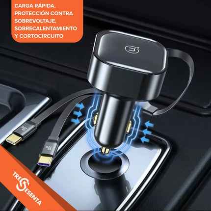 Cargador de Auto Retráctil 33W USB-C + USB-A | Carga Rápida Inteligente