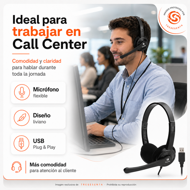 Auricular USB con Micrófono para Home Office y Call Center