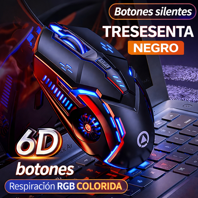 Mouse Gamer RGB 3200 DPI USB 6 Botones Ergonómico
