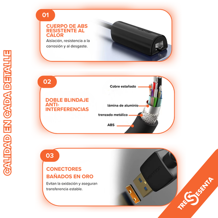 Adaptador USB 3.0 a Ethernet Gigabit 1000 Mbps Vention – Plug & Play