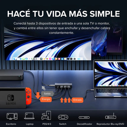 Switch HDMI 3 en 1 8K 60Hz Vention AKRH0 con Control Remoto