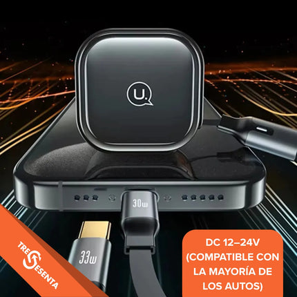 Cargador de Auto Retráctil 33W USB-C + USB-A | Carga Rápida Inteligente