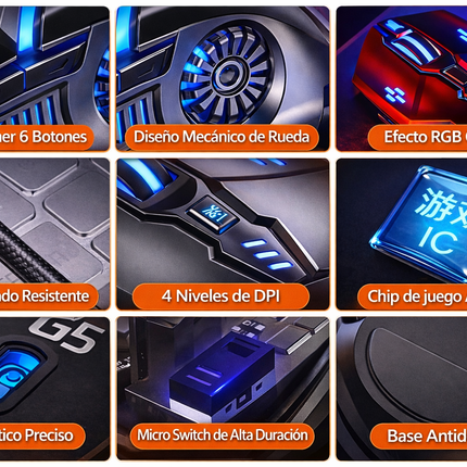 Mouse Gamer RGB 3200 DPI USB 6 Botones Ergonómico