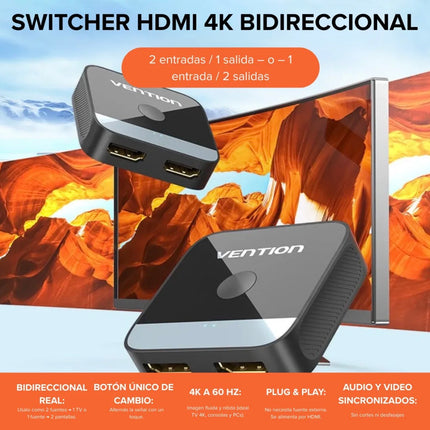Switch HDMI Bidireccional 2 Puertos 4K Vention AKOB0 Negro